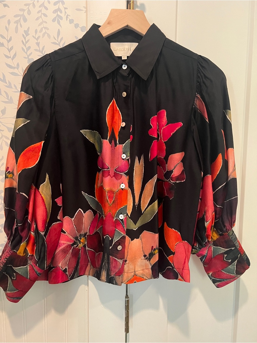 Carolina K Button-Down Blouse with Pink & Orange Floral Print